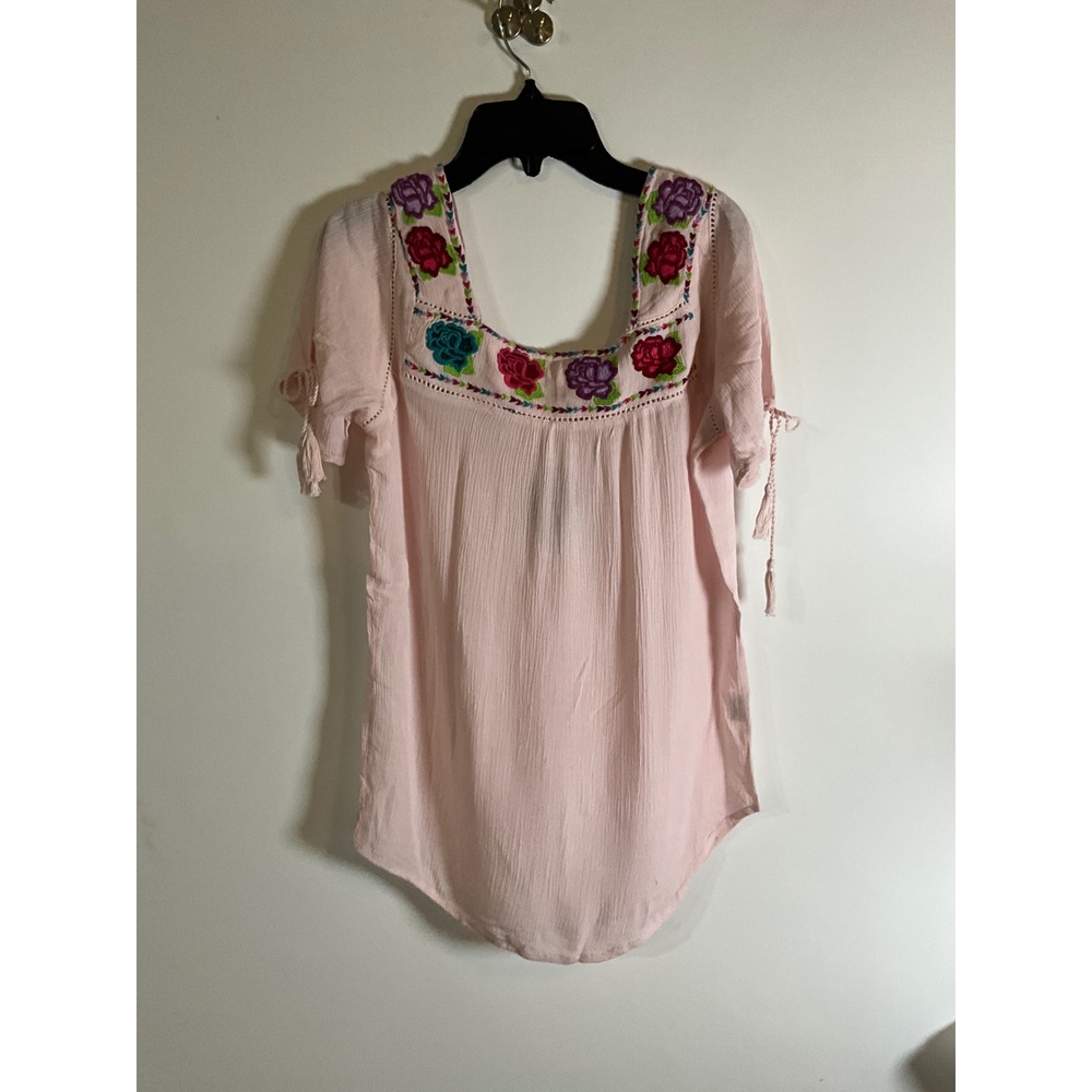 Magazine Pink Cotton Gauze Floral Embroidered Peasant Blouse Small NWT